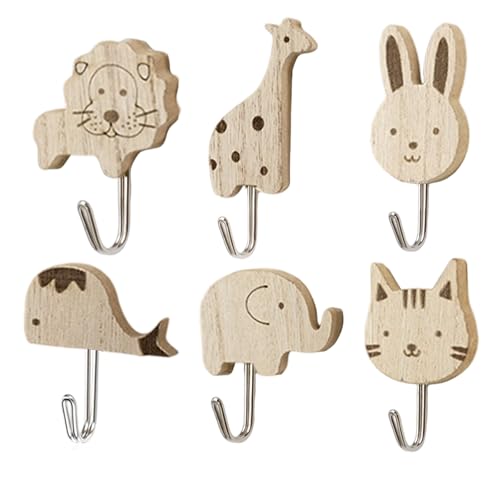 6 Stück Niedliche Tier Kleiderhaken Selbstklebende Holz-Wandhaken (Elefant Katze Löwe mehr)Perfekte Kinder-Garderobe für Schlafzimmer Badezimmer Kinderzimmer (Süße Cartoon-Tier-Deko Kein Bohren nötig)