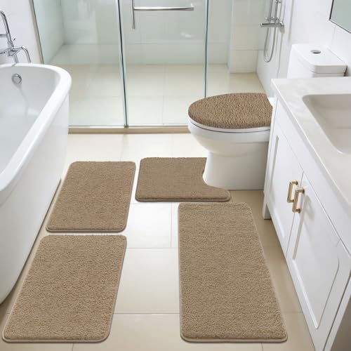 SHACOS 5 Pieces Bathroom Rugs Set with Toilet Lid Cover Ultra Soft Absorbent Microfiber Bath Mat U Shape Contour Rug for Bathroom, Non Slip Machine Washable Bath Runner Rugs for Bedroom, Beige Brown