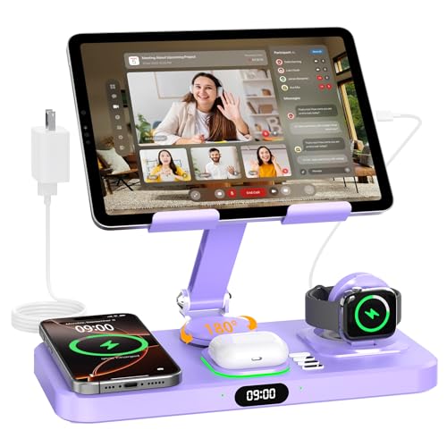 Image of 30W Charging Station for Apple Products, Foldable Wireless Charger with Clock Display&7 Color Light, Wired Charging for iPad /Tablet Charging Station for iPhone17, for Apple Watch11 for AirPods4(Purple