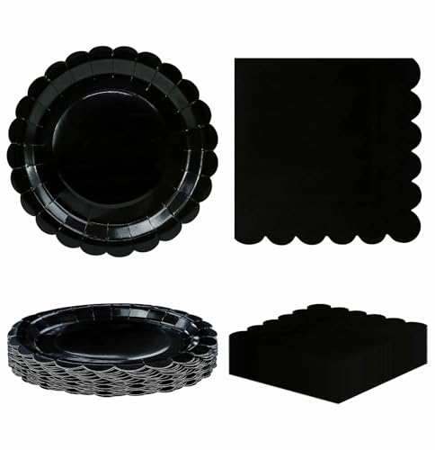 HEIPINIUYE 50 Pcs Black Paper Plates and Napkins Party Supplies Include 7 Black Scalloped Plates and 6.5 Paper Napkins Disposable Tableware Set for Dinner Wedding Birthday Party (Serves 25)