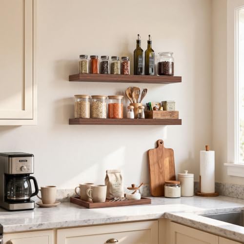 Image of BAYKA Walnut-Like Floating Shelves 22.5in, 2 Pack, Wall Mounted Wall Decor