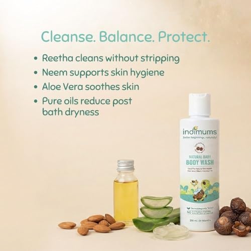Image of Indimums Natural Baby Body Wash 1 Litre (2x500ml) |Cleans Without Stripping | Supports Skin Barrier | Reetha & Shikakai Not SLS | pH Balanced | Tear-Free | Dermatologist Tested | Best Value Pack
