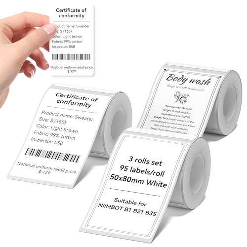 NIIMBOT Labels for B1/B2/B21/B31/B3S/K3 Sticker Printer, 50x80mm, White