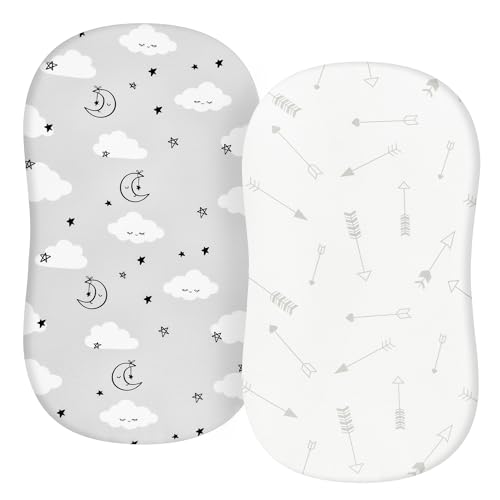 Image of TILLYOU Baby Bassinet Sheets for Girls Boys 2 Pack Baby Sheets for Square Rectangle Oval Bassinet Mattress 33X16 Inch, Grey Clouds