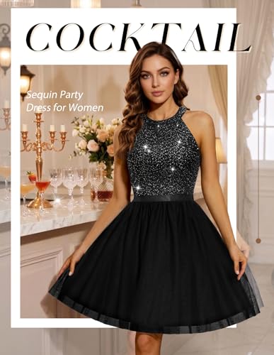 Image of Dressystar Women's Sequin Short Prom Dress Sparkly Halter Tulle Cocktail Party Homecoming Dresses