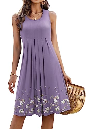 KILIG Summer Dresses for Women Casual Beach Sundress 2025 Sleeveless Floral Pleated Midi Vacation Sun Dress(A1-Light Purple,L)