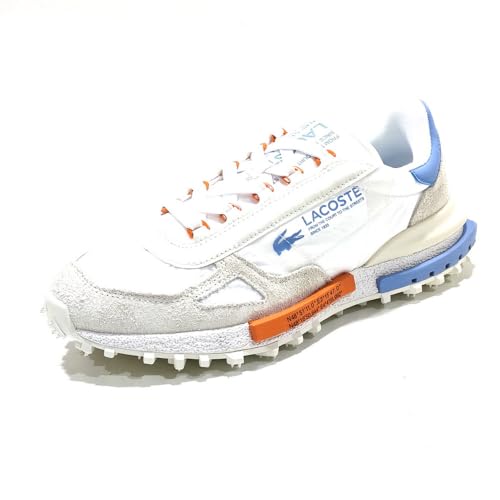 Lacoste Elite Active Chaussures de sport rétro pour course à pied, blanc/bleu, nylon et daim, semelle en caoutchouc, légères, Blanc, bleu clair, beige, orange, 43 EU
