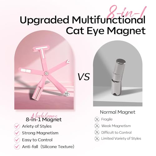 Image of modelones Cateye Gel Polish Nail Magnet, 8-in-1 Cat Eye Magnet Nail Art Wand for Gel Nails with Steel Ball, Glass Bead, French Tip, Clover, Heart & Swirl Effects for DIY Home Salon Manicure