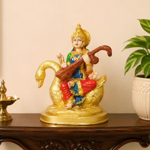 Image of Goddess Saraswati Idol with Veena & Swan (5.5 Inch) - Colorful Maa Saraswati Murti for Home, Office & Study Room