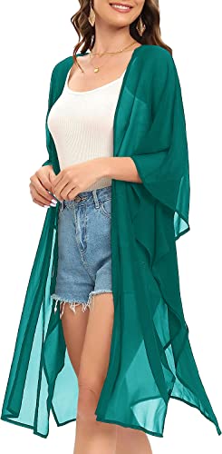 Image of Indian Trendy Women's Solid Puff Sleeve Kimono Long Cardigan Loose Cover Up Casual Blouse Top Chiffon