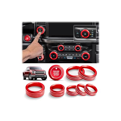 Polodunn for Ford F150 Accessories 2021-2025 2026 & Super Duty F250 F350 F450 2023-2026, 9pcs Aluminum Alloy Knob Cover Trim Set - Push Start, A/C, Volume, Headlight, Trailer & Drive Mode (Red)