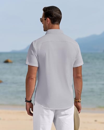 Image of J.VER Mens Linen Shirt Short Sleeve Button Down Casual Summer Shirts | Cotton Linen, Untucked, Big Tall, from Beach Camp Vacation, Cruise Fishing, Work Office, to Wedding Party Family, with Pocket