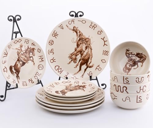 Cowboy Living Broncs & Brands 12 Piece Dinnerware Set of Four Place Settings, Including Dinner Plates, Salad Plates, and Dinner Bowls