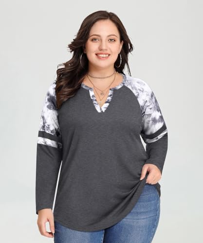 Image of CARCOS Plus Size Tops for Women Long Sleeve Fall Tunic Color Block Camo /Plaid /Leopard /Fall Blouse Crewneck Tshirt XL-5XL