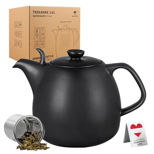 Urban Lifestyle 'Kopenhagen' Teekanne mit Siebeinsatz 1,6L Schwarz aus Porzellan geeignet für Stövchen mit herausnehmbarem Siebeinsatz aus feinmaschigem Edelstahl Porzellan-Teekanne