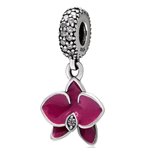 Junyi Jewelry Orchid Charm 925 Sterling Silver Flower Charm Love Charm Birthday Charm Anniversary Charm Christmas Charm for Pandora Charms Bracelet (Rose Red)