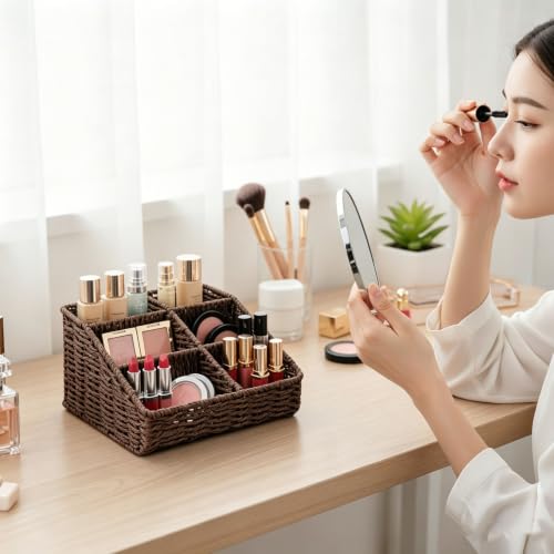 Image of Makeup Organizer, Hand-woven Wicker Basket for Dresser Vanity and Bathroom Countertop, 6 Compartment Skincare Organizer Cosmetic Display Case, Beauty Holder for Lipstick Brush Eyeshadow - Brown