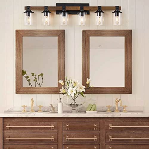 Dadul 6-Light Bathroom Vanity Light, Farmhouse Bathroom Light Fixtures Over Mirror, Classic Wood Vanity With Clear Glass Shade, Black Wall Sconce For Bathroom, Bedroom #TOP1