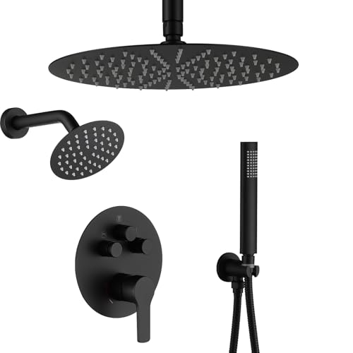 Juego de grifo de ducha negro mate, sistema de ducha negro con ducha de lluvia y techo de baño de mano, juego de ducha de 12 pulgadas con válvula de latón