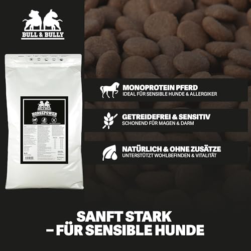 BULL & BULLY – Big Bully Horsepower 10 kg Hundefutter Trocken Getreidefrei – Hundefutter & Hundeleckerli Pferd Pur – Pet Hunde Leckerlis Pferd & Hundesnack für empfindliche Hunde & Senioren
