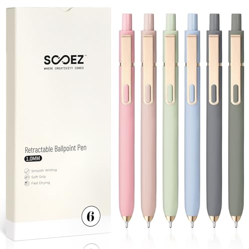 Sooez 6 Pack Ballpoint Pens, 1.0 mm Medium Point Black Ink Pens, Smooth Writing Pen Bulk for Journaling, Soft Grip Cute Pen for Women, Nurse, Office School Supplies, Small Teacher Gifts, Multicolor