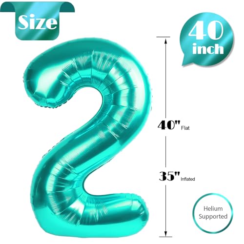Image of Teal Blue 2 Balloon, Number Balloons 40 Inch, 2nd Balloon Number Birthday Decorations, Second Two Birthday Party Supplies, Number 2 Balloon