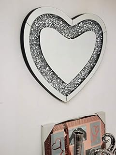 DEENZ Heart Crushed Diamond Crystal Glass Frame Silver Bevelled Wall Mirror Bling Heart Shape 50x60cm