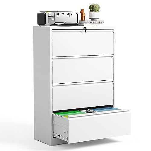 BIZOEIRON 4 Drawer Lateral File Cabinet for Home Office, Metal Filing Cabinet with Lock, Wide File Storage Drawers for Letter/Legal Size Hanging File Folders, Assembly Required, (White)