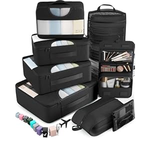 Veken – Juego de 10/8 cubos de embalaje para artículos esenciales de viaje, bolsas organizadoras de maletas en 4 tamaños, accesorios de equipaje de mano con bolsa de lavandería y de aseo