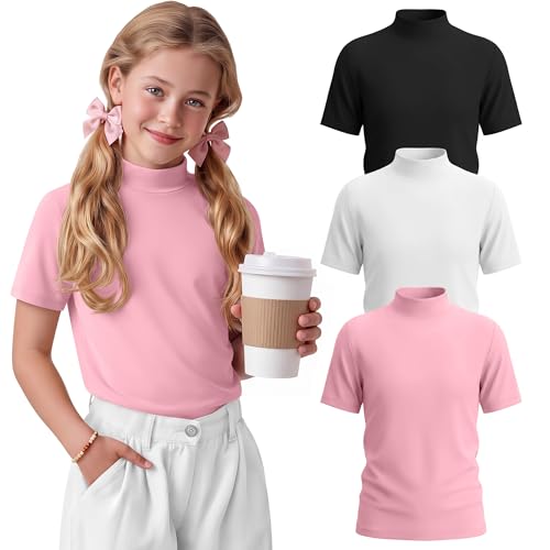 LessonZoo 3 Pack Girls Mock Neck Shirts Short Sleeve Turtleneck Top Summer Casual T-Shirt Basic Tee for Teen Kids 5-14 Years(Pink White Black 9-10 Years)