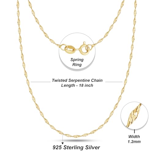 Twisted Serpentine Chain Necklace for Women and Men Italian Crafted 1.2mm Twist Chain 14K Gold Over 925 Sterling Silver with Spring Ring Clasp 16 to 18 Inch3