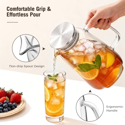2 Pack Glass Pitcher with Lid and Handle for Fridge, Iced Tea and Coffee Carafe Beverage Serveware, 2 Liters/68 oz Heat Resistant Borosilicate Water Jug for Hot/Cold Drinks by Simple Supplies - Used condition - Image 3
