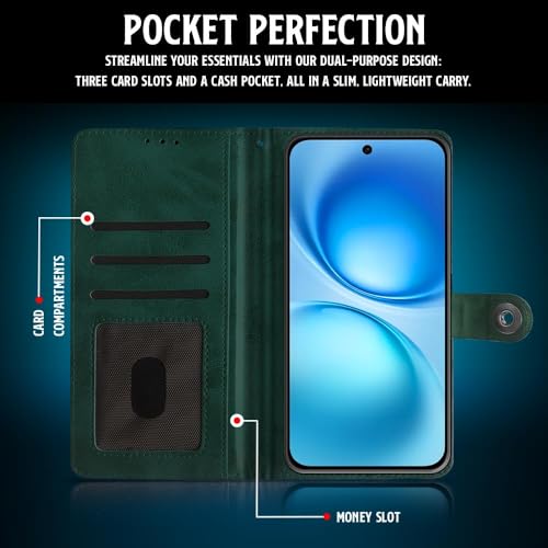 Image of WOW IMAGINE Shock Proof Flip Cover Back Case for 1+ OnePlus Nord CE 5 5G (Magnetic Button Flip Case | Wallet Pockets & Stand | Leather Finish | Forest Green)