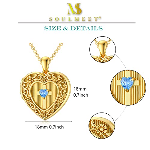 Soulmeet 10K Solid Yellow Gold Heart Cross Locket Necklace That Holds 1 Picture With Aquamarine Crystal, 20" Gold Plated Silver Chain (Locket Only) #TOP4
