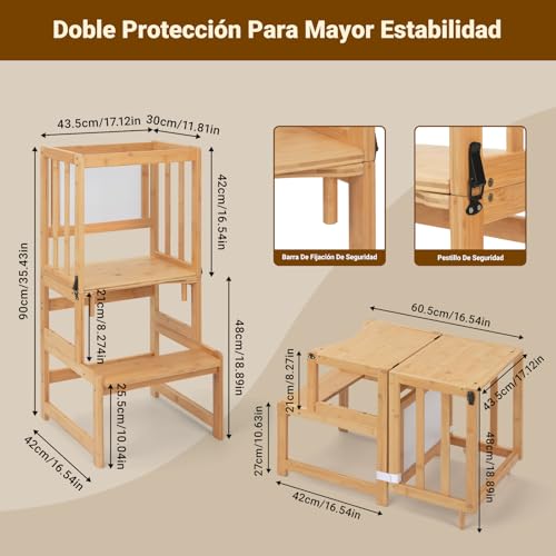 Miniatura 3 de Cosyland Torre De Aprendizaje De 3 En 1 Bambú Para Niños - Convertible En Escritorio Infantil Y Con Pizarra Para Dibujar - Niños De 18 Meses A 6 Años Para Cocina - Natural Clásico