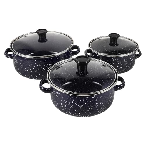 Lurrose Juego de Ollas Esmaltadas Pequeñas de 3 Piezas con Doble Asa y Fondo Plano Mini Olla para Cocinar Sopas y Fideos Instantáneos Recipiente Versátil para Cocina Diaria Color Azul