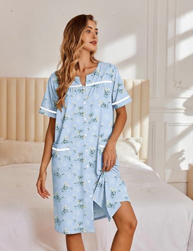 Image of Ekouaer Nightgowns for Women House Dress with Pockets Button Down Sleepshirt Short Sleeve Nightshirt Housecoat