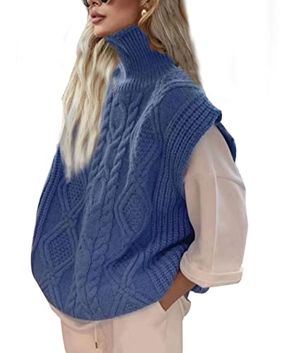 Women's Turtleneck Cable Knit Sweater Vest, Sleeveless Rollneck Pullovers Curve Sweater Vest For Women (Blue) #TOP1