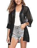 Aottori Cardigan de Gasa Mujer Elegante 3/4 Manga Camisolas y Pareos Playa Chal Cardigans Ligero Verano Kimono Blusa Informal Top Sexy Playa Traje de Baño Capas Negro S