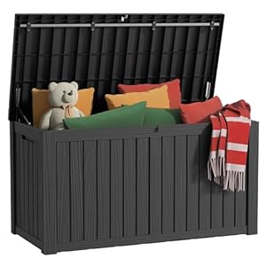 150 Gallon Outdoor Storage Box, Resin Waterproof UV-Resistant Deck Box with Hydraulic Lid Support, Reinforced Stability for Patio, Garden, and Poolside, Striped Black