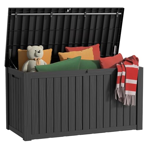 150 Gallon Outdoor Storage Box, Resin Waterproof UV-Resistant Deck Box with Hydraulic Lid Support, Reinforced Stability for Patio, Garden, and Poolside, Striped Black