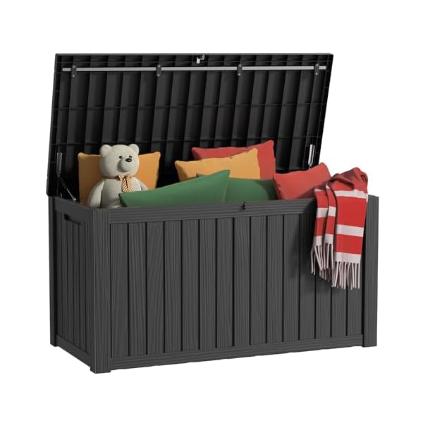 150 Gallon Outdoor Storage Box, Resin Waterproof UV-Resistant Deck Box with Hydraulic Lid Support, Reinforced Stability for Patio, Garden, and Poolside, Striped Black