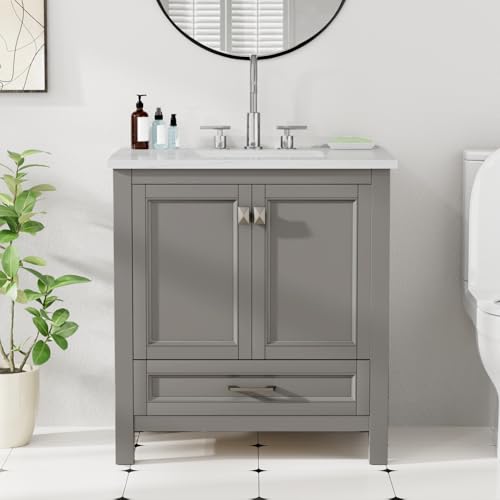 Trygoal Freestanding Bathroom Vanity with Sink, 30" Floor Mount Marble