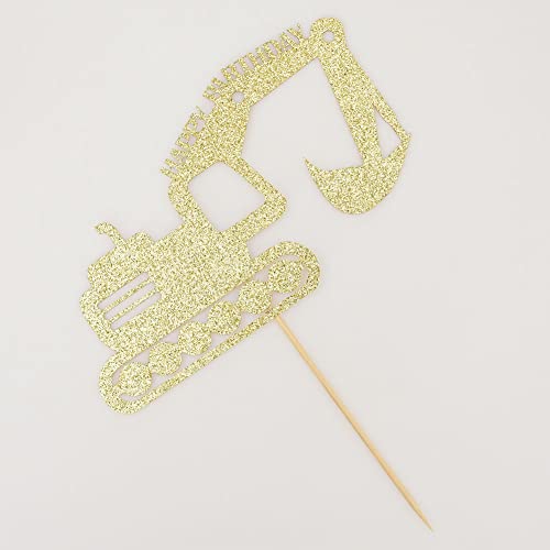 Excavator Happy Birthday Cake Topper, Construction Truck Birthday Party Cake Decor, Engineering Vehicle Theme Excavator Birthday Cake Topper For Children, Gold Glitter #TOP4