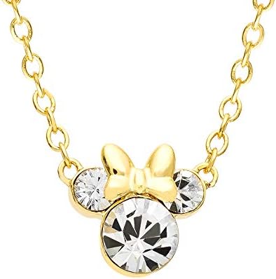 Disney Minnie Mouse Birthstone Jewelry, April Birth Month Pendant Necklace, Yellow Gold Plated, Clear Crystal