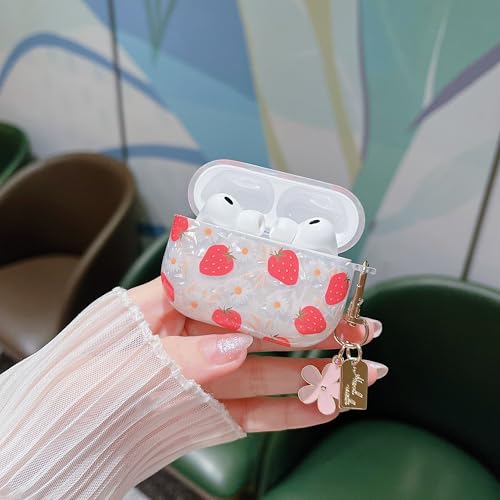 Image of MINSCOSE for Cute Glitter AirPods Pro 3 Case,Shell Pattern Girly Strawberry Design with Trendy Floral Keychain,Soft TPU Protective Cover with Cleaner Kit for Girls Women for AirPods Pro 3-Red