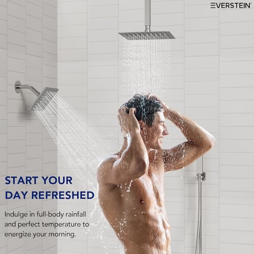 Image of Ceiling Mount 12 inch High-Pressure Rainfall Shower Faucet, Dual Rainfall Shower Head System with Valve (Brushed Nickel)