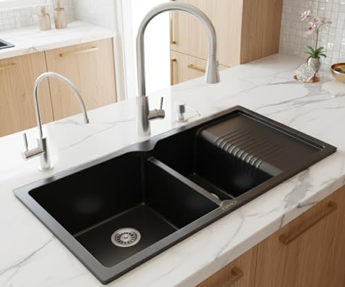 Image of EVANEX Quartz Sink for Kitchen|45x20x9 inch Double Bowl Kitchen Sink with Drain Board|Matt Finish|Black Quartz Kitchen Sink with Sink Connector, Waste Pipe, Coupling and Drain Basket