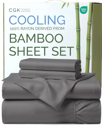 100% Rayon Derived From Bamboo - Bamboo Sheets - Cooling Sheets - Soft, Breathable & Hotel Luxury Bedding - Flat & Fitted & Pillowcase w/ 16 Inch Deep Pockets, Flex Top/Split Head King, Dark Grey