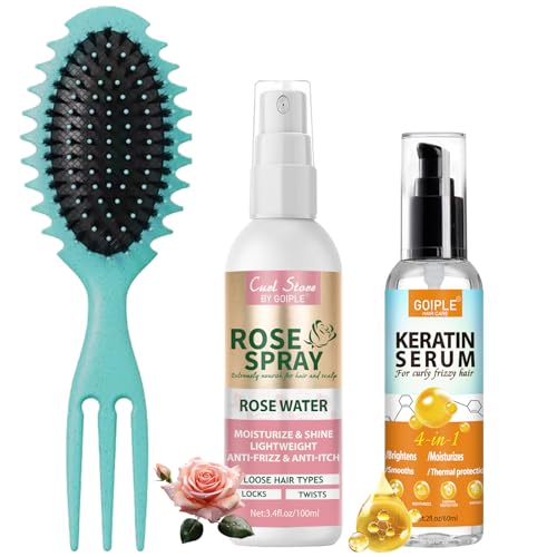 Sérum Kératine Cheveux Secs et Abîmés, Huile Chveux Secs et Abimés, Rose Water Spray Pour Cheveux Hydratant Anti-Grincheux, Produits Lisses Brosse Chveux Bouclés, Curl Hair Styling Brush Pour Hommes